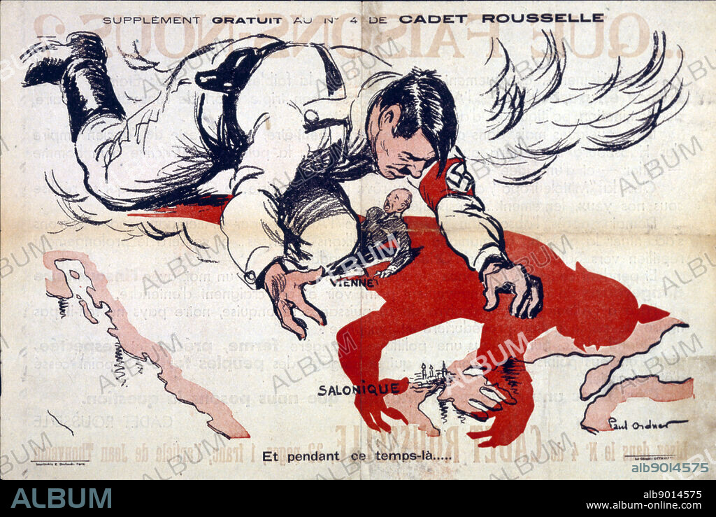 French communist ant-Nazi and anti-Hitler propaganda cartoon 1940. Shows Adolf Hitler grabbing Greece and Austria.