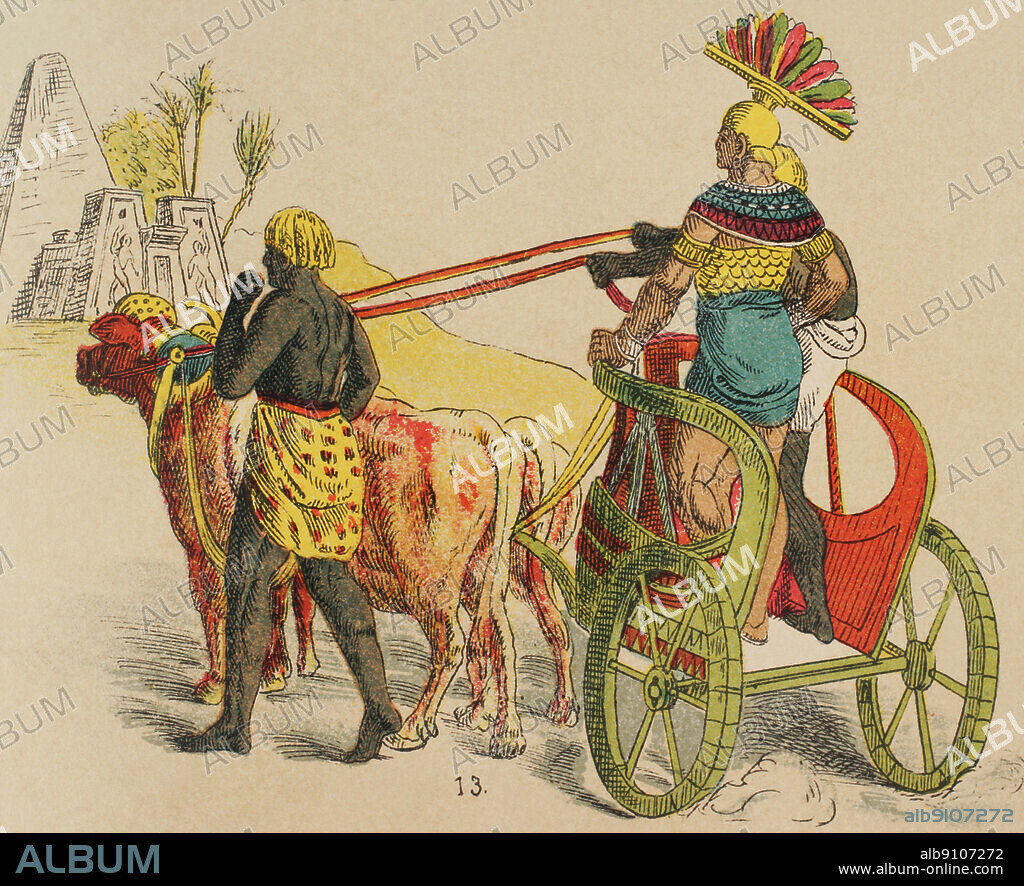 Antiguo Egipto. Carro de guerra. Cromolitografía. "Historia Universal", por César Cantú. Tomo I, 1881.