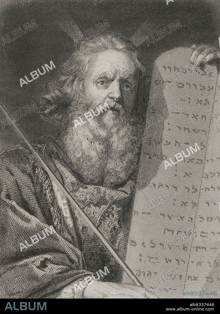 Historia del Antiguo Testamento. El profeta Moisés con las Tablas de la Ley. Grabado. Historia Universal, por César Cantú. Tomo I, 1854.