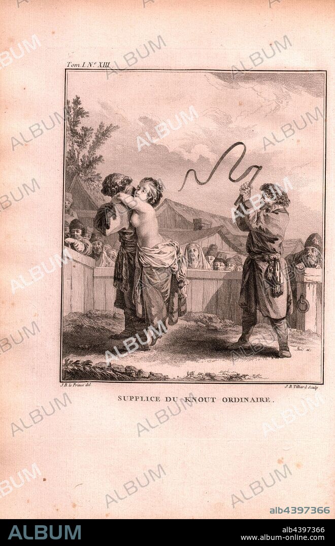 Ordinary knout torture, Punishment: A woman is publicly flogged in front of the villagers, Signed: J. B. le Prince (del.), J. B. Tilliard (sculp.), Copper engraving, no. XIII, after p. 224 (vol. 1), Le Prince, Jean-Baptiste ; Tilliard, Jean-Baptiste, 1768, Jean Chappe d'Auteroche: Voyage en Sibérie fait par ordre du roy en 1761: contenant les moeurs, les usages des Russes, et l'etat actuel de cette puissance. Paris: chez Debure, 1768.