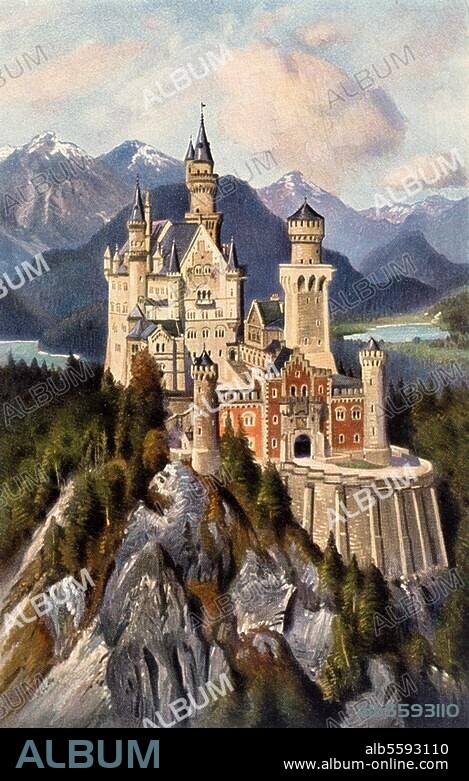 Schloß Neuschwanstein (Kreis Füssen), (1869-86 erbaut unter Ludwig II. von Bayern nach Plänen von Ch. Jank). Ansicht. Farbdruck, 1908, nach Gemälde. Druck: Günther, Kirstein & Wendler, Leipzig.