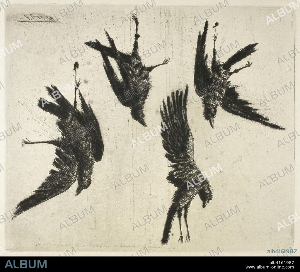 The Four Dead Ravens. Henri Charles Guérard; French, 1846-1897. Date: 1883-1893. Dimensions: 205 × 235 mm (image); 217 × 255 mm (plate); 304 × 460 mm (sheet). Drypoint and plate tone in black on cream laid paper. Origin: France.