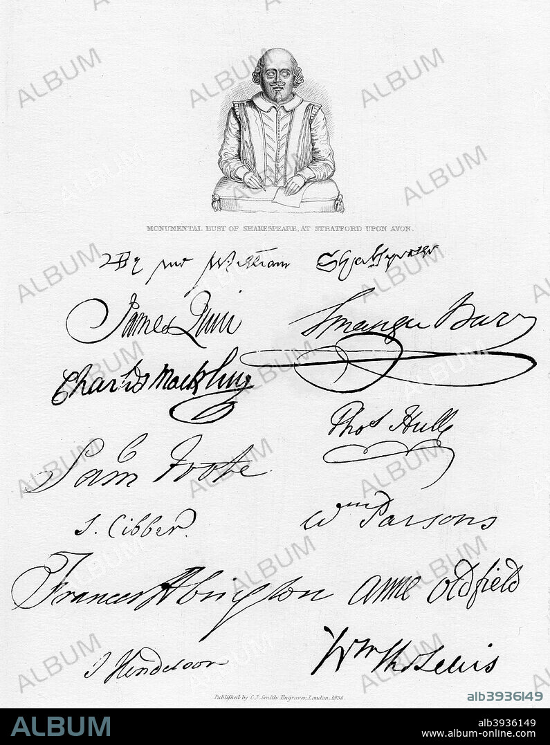 Bust of Shakespeare and signatures of celebrated actors, (1840). Drawing of a monumental bust of William Shakespeare (1564-1616) at his birthplace, Stratford-Upon-Avon, and signatures by British actors who performed his plays. Illustration from Historical and Literary Curiosities consisting of Fac-similies of Original Documents, by Charles John Smith, (Henry G Bohn, London, 1840).