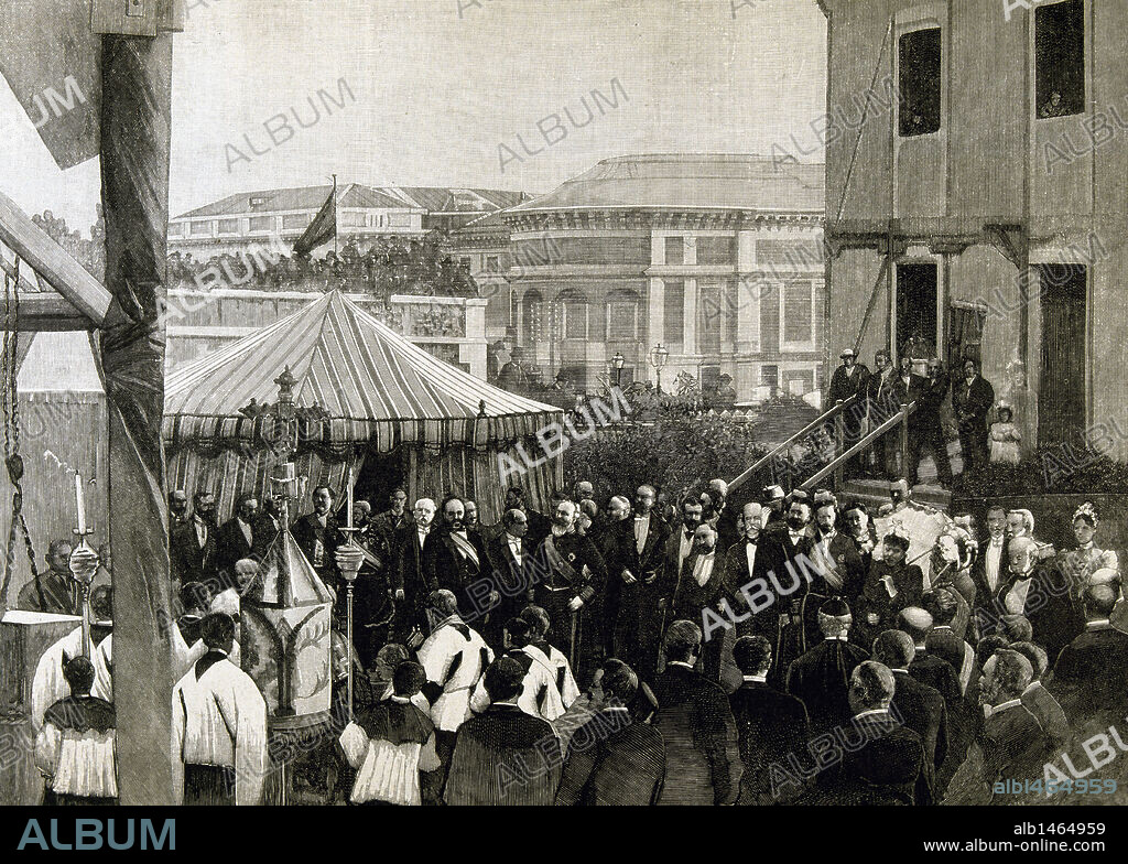 REGENCIA DE MARIA CRISTINA DE HABSBURGO-LORENA (1885-1902). MADRID. "COLOCACION, EN PRESENCIA DE S. M. LA REINA REGENTE, DE LA PRIMERA PIEDRA DEL NUEVO EDIFICIO DE LA REAL ACADEMIA ESPAÑOLA". Grabado del año 1891.