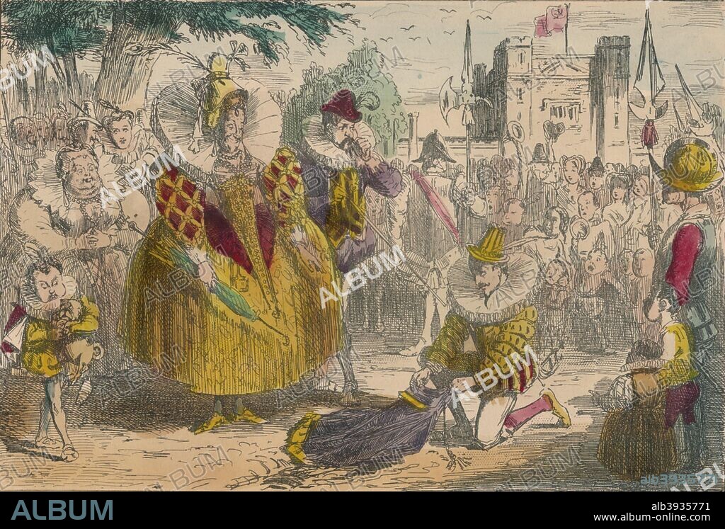 Queen Elizabeth and Sir Walter Raleigh, 1850. A satirical illustration of Queen Elizabeth I and Sir Walter Raleigh. Walter Raleigh (1554-1618) performs an act of gallantry; he puts his cloak over a muddy puddle so that Queen Elizabeth I (1533-1603) can avoid muddying her shoes.From The Comic History of England by Gilbert Abbott A. Beckett, illustrated by John Leech [Bradbury, Agnew & Co., London, 1850.].