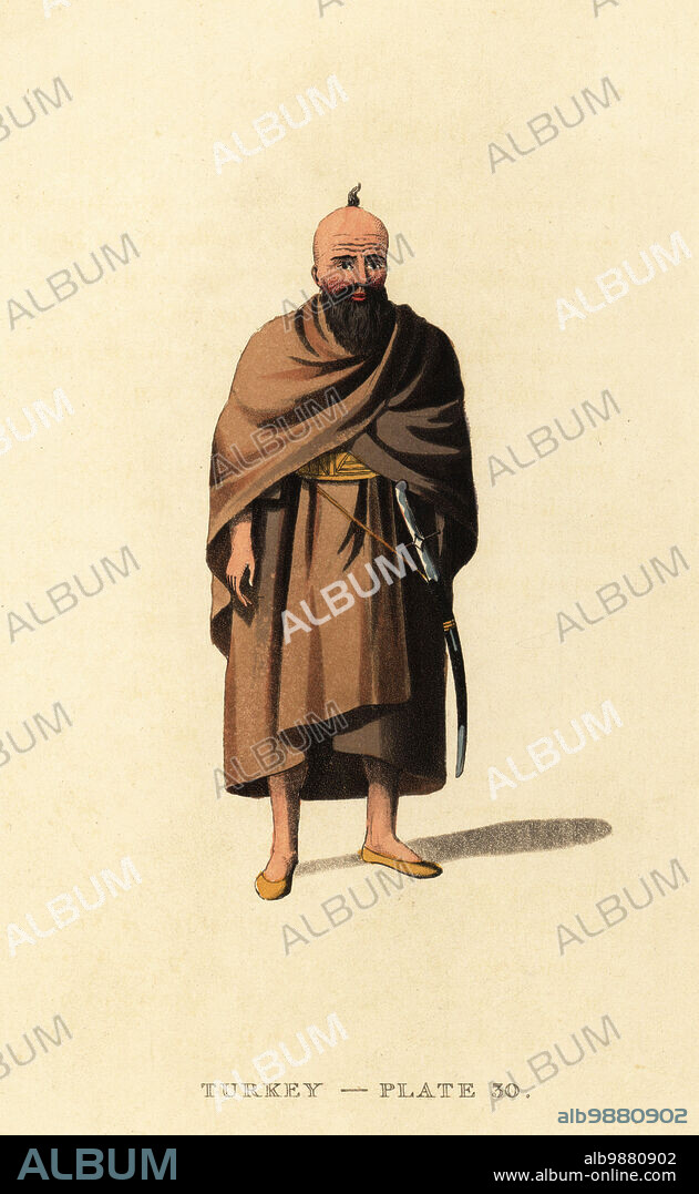 Costume of a Dervise or Dervish man of Syria. He wears robes of aba or felt, a scimitar on his girdle and has his hair in a tuft on his head to be tied by a cord to the ceiling. Handcoloured copperplate engraving after Octavian Dalvimart from William Alexanders translation of Picturesque Representations of the Dress and Manners of the Turks, Thomas MLean, London, 1814.