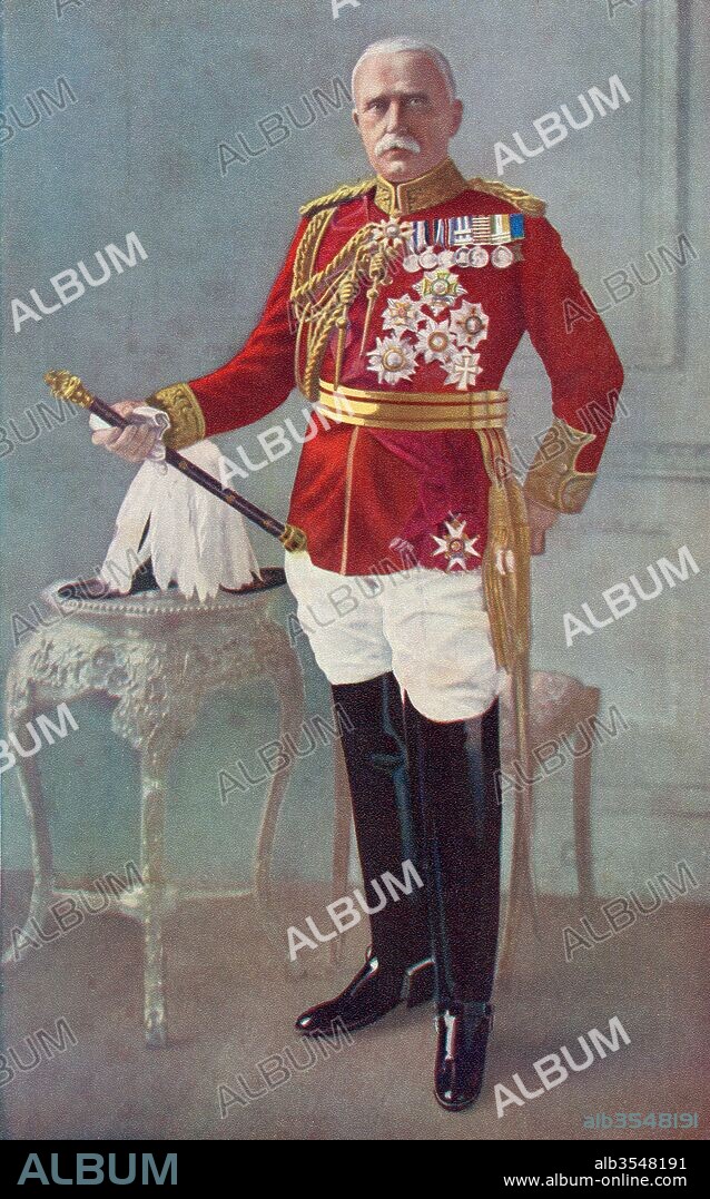 Field Marshal John Denton Pinkstone French, 1st Earl of Ypres,1852 –1925, aka The Viscount French between 1916 and 1922. Anglo-Irish officer in the British Army, Commander-in-Chief of the British Expeditionary Force for the first two years of World War I. From The War Illustrated Album Deluxe, published 1915.