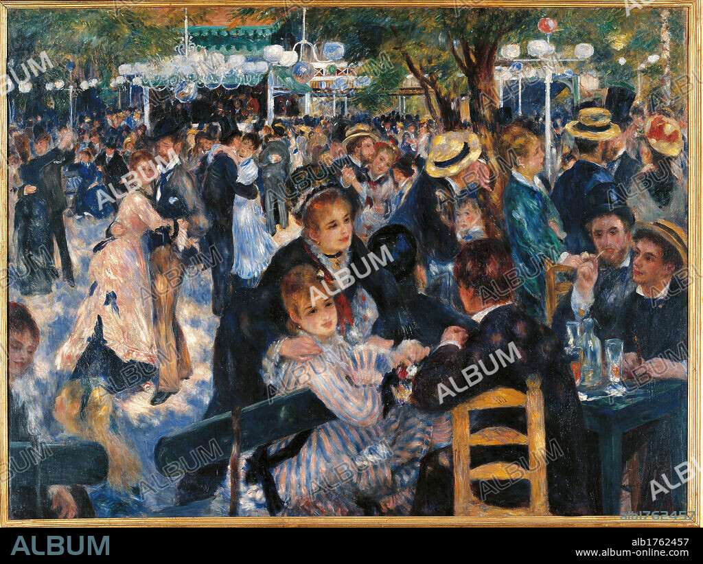 Dance at the Moulin de la Galette, by Pierre-Auguste Renoir, 1876, 19th Century, oil on canvas, cm 131 x 175. France, Ile de France, Paris, Muse dOrsay, RF 2210. All. Dance at the Moulin de la Galette chair azure light blue yellow hat straw street lamp chandelier dancers dancehall.