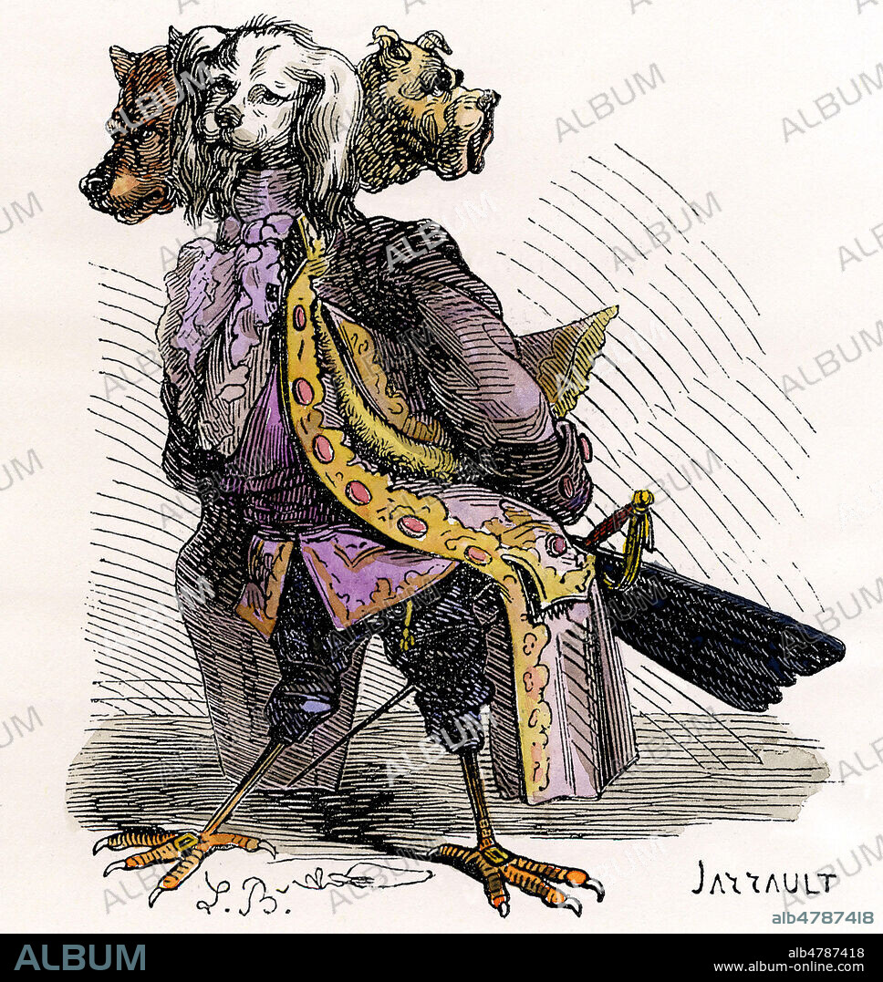 CERBERE. Il se montre, quand il n'a pas trois tetes de chien, sous la forme d'un corbeauIllustration de 1863 par Louis BRETON (19 s.) pour le Dictionnaire Infernal par Jacques COLLIN de PLANCY (1793-1887). Mise en couleur par nos soins. Credit Collection Jonas/Kharbine Tapabor.