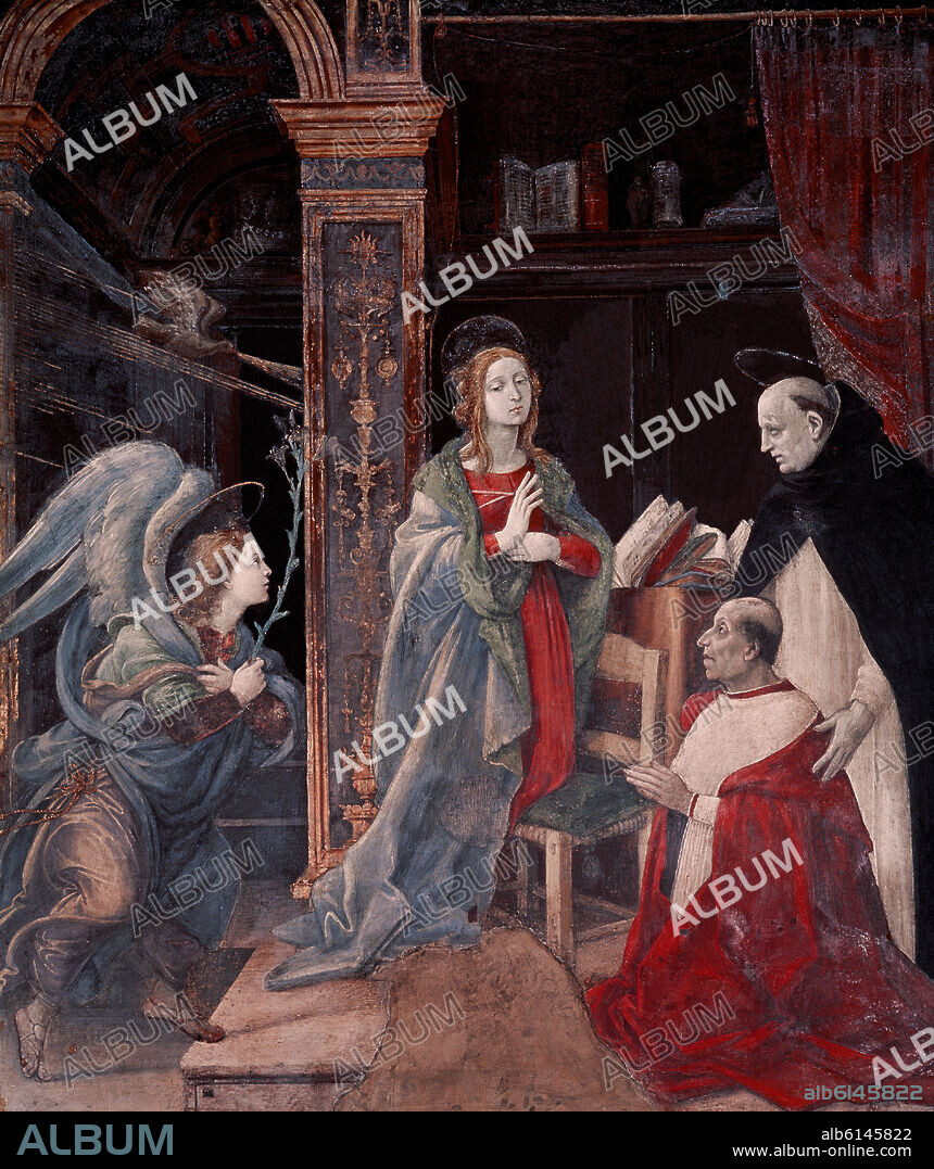 FILIPPINO LIPPI (1457-1504). ANUNCIACION A MARIA CON SANTO TOMAS DE AQUINO Y EL CARDENAL OLIVERO CARAFA - FRESCO SIGLO XV.