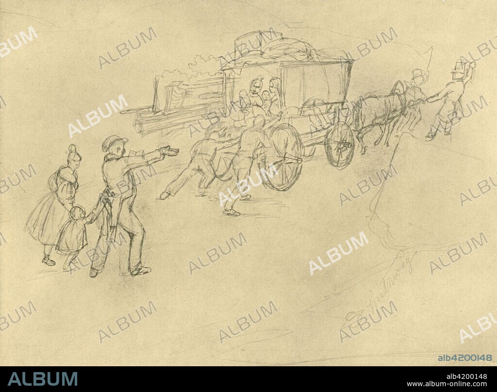 'Der Thespiskarren (Schauspieler auf Reisen)', mid-late 19th century, (c1924). Actors on the road with their 'Thespian' wagon. From "Die gute alte Zeit: Zeichnungen von Karl Spitzweg", (The Good Old Days: drawings by Karl Spitzweg). [Benjamin Harz, Berlin-Vienna, c1924].