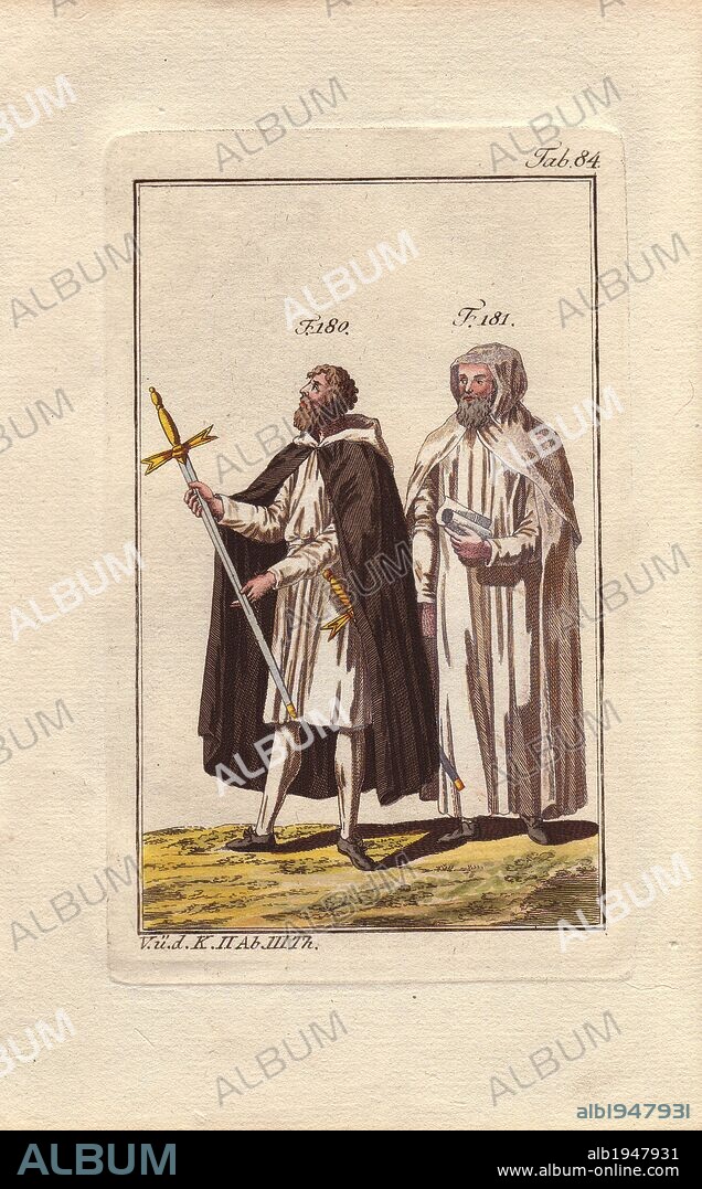 Two Knights Templar: a squire or servant brother (180) and a treasurer (181).. . The Order of the Knights Templar was a military order founded in 1118 by Hugues de Payens, a knight of Champagne, and eight other knights to protect pilgrims to the Holy Land. From humble beginnings as "Poor Knights of the Temple," they grew to become a powerful and rich army of warrior monks, with barracks/ monasteries all over Europe, and several castles in Palestine: Safed (1140), Karak (1143), and Castle Pilgrim (1217). The order came to a tragic end in 1312 when all the Templars were branded as heretics, tortured and executed.. . Handcolored copperplate engraving of a knight from a religious military order from Robert von Spalart's "Historical Picture of the Costumes of the Principal People of Antiquity and of the Middle Ages" (1796).