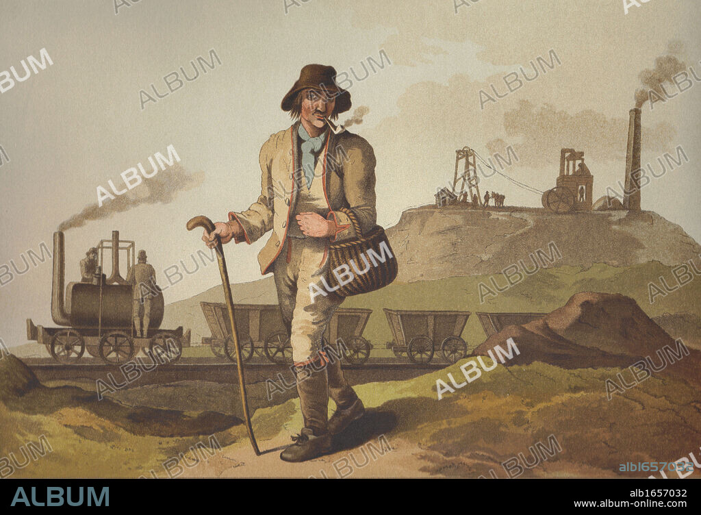 The Pitman: from George Walker The Costume of Yorkshire, Leeds, 1814. The steam locomotive is the one built by Matthew Murray for John Blenkinsop and used to haul coals from Middleton Colliery to Leeds (3 1/2 miles) beginning August 1812. Rack-and-pinion system.