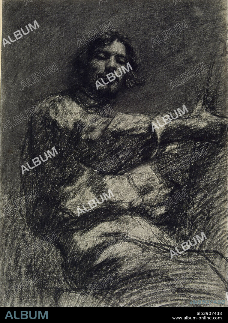 GUSTAVE COURBET. Jeune homme assis, étude. Autoportrait dit au chevalet Young Man Sitting, Study. Self-Portrait known as At the Easel. Date/Period: Ca. 1847. Charcoal on paper. Height: 450 mm (17.71 in); Width: 340 mm (13.38 in).