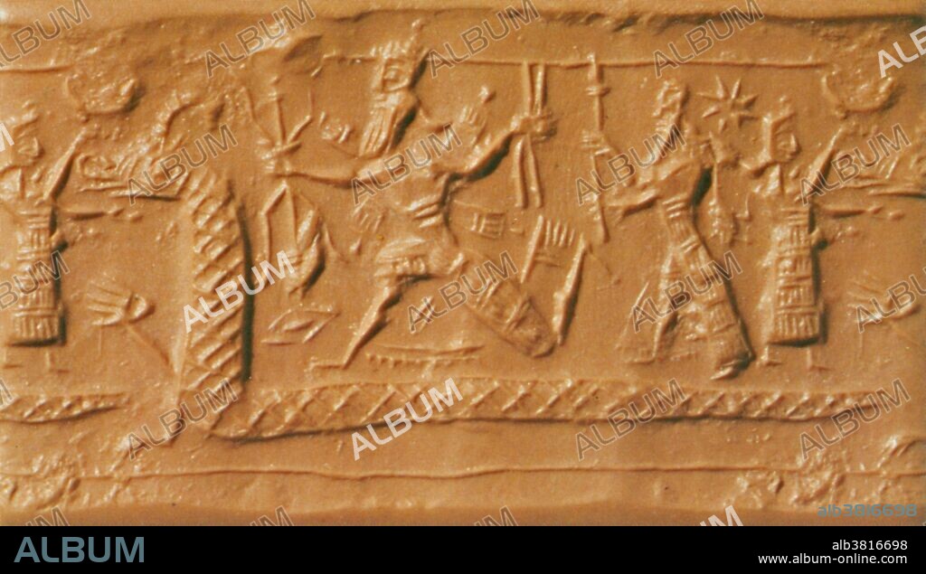 Battle Between Marduk and Tiamat, Neo-Assyrian Cylinder Seal. Marduk was the Babylonian name of a god from ancient Mesopotamia and patron deity of the city of Babylon, who, when Babylon became the political center of the Euphrates valley in the time of Hammurabi rose to the position of the head of the Babylonian pantheon. Tiamat was a chaos monster, a primordial goddess of the ocean. She is often described by as a sea serpent or dragon. The Tiamat myth is one of the earliest recorded versions of the Chaoskampf, the battle between a culture hero and a chthonic or aquatic monster, serpent or dragon. A civil war between the gods was growing to a climactic battle. The Anunnaki gods gathered together to find one god who could defeat the gods rising against them. Marduk, a very young god, answered the call and was promised the position of head god. To prepare for battle, he made a net to encircle Tiamat within it, gathers the four winds so that no part of her could escape, creates seven new winds, and raises up his mightiest weapon, the rain-flood. He challenges the leader of the Anunnaki gods, the dragon of the primordial sea Tiamat, to single combat and defeats her by trapping her with his net, blowing her up with his winds, and piercing her belly with an arrow.