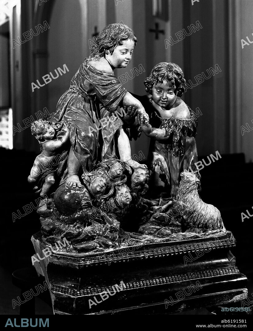 LUISA ROLDAN (1654-1704) LA ROLDANA. JESUS CON SAN JUANITO - SIGLO XVII - MADERA POLICROMADA - FOTOGRAFIA EN BLANCO Y NEGRO - AÑOS 60.