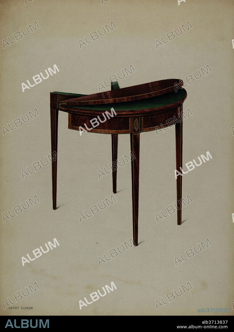 HARRY EISMAN. Card Table. Dated: c. 1937. Dimensions: overall: 30.3 x 22.7 cm (11 15/16 x 8 15/16 in.)  Original IAD Object: 20"high; 36"diameter at fold; depth of folded top 18". Medium: watercolor, colored pencil, and graphite on paperboard.