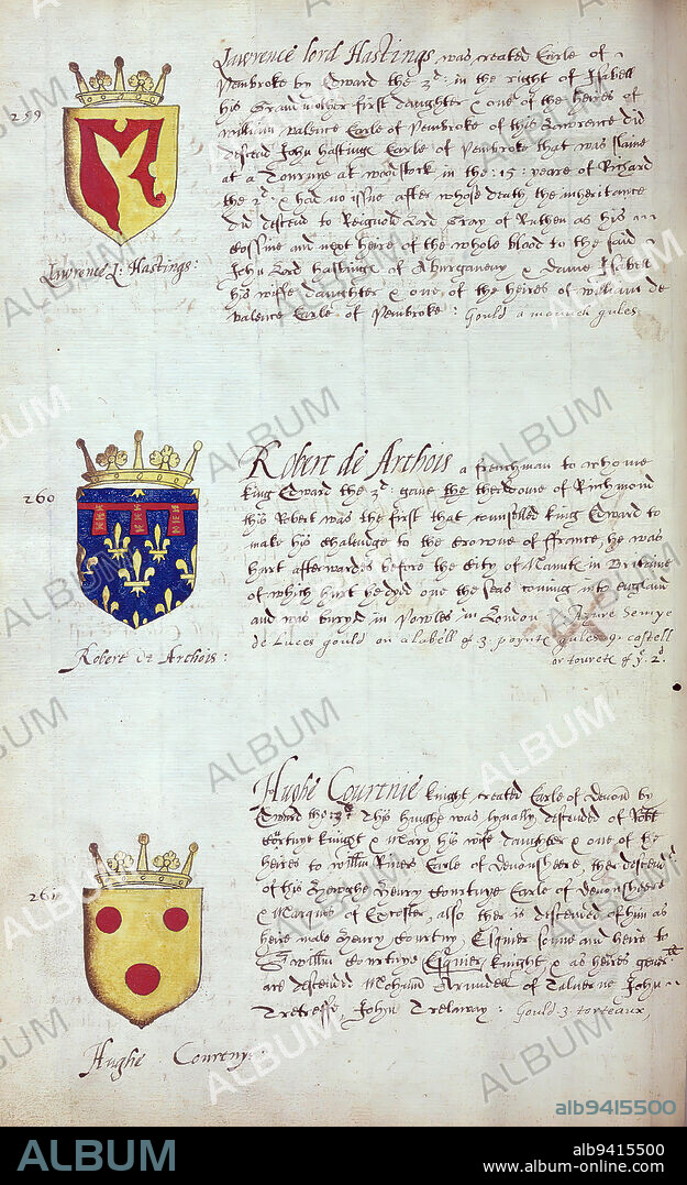 Book of English heraldry, Arms of Lawrence Lord Hastings, Robert de Arthois, and Hughe Courtnie, This book of English heraldry was completed ca. 1589. The manuscript belonged to the Spencer family, as known through inscriptions on the first few flyleaves, including the motto 'Dieu defende Le Droit' (God defends the right). This motto has long been associated with the Spencer family of England, which is the family line of Princess Diana, as well as the Spencers who were among the founders of Virginia. The Spencer family's heraldry is included in the manuscript, along with the coats of arms of numerous prominent British families, including the Hasting, Gray, Beuford, and Percye families.