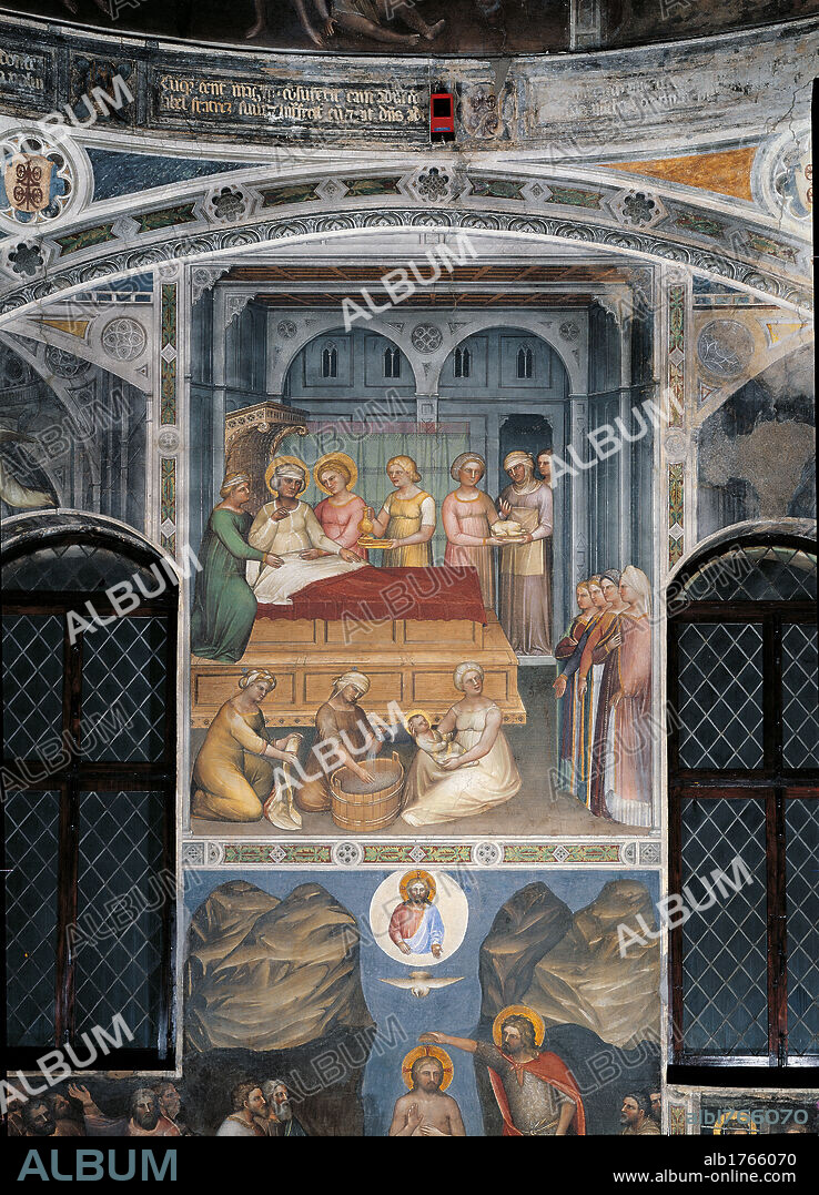 Frescos of Padua Baptistery, Birth of St John the Baptist, by Giusto Padovano Giusto de Menabuoi, 1370, 14th Century, fresco,. Italy, Veneto, Padua, Baptistery. All. Birth St John the Baptist motherhood women baby child mother bathing.