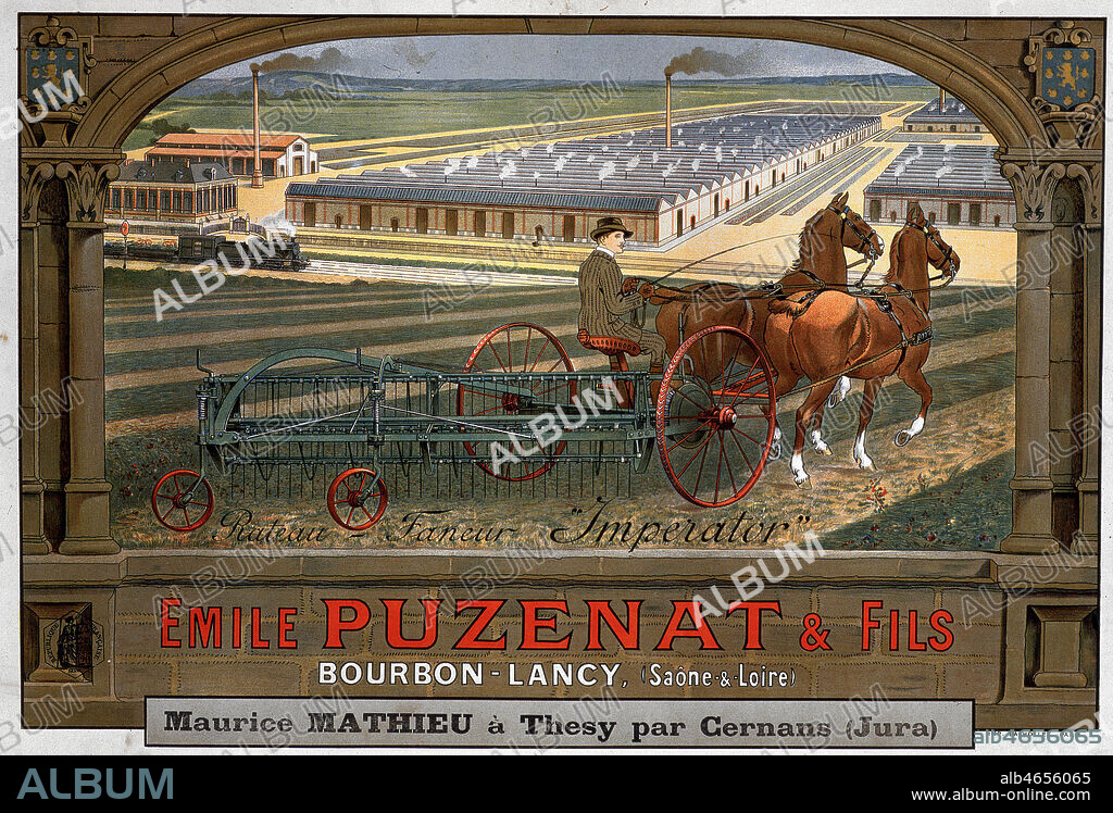 Publicite anonyme pour la societe 'Emile PUZENAT & fils', entreprise productrice de machines agricoles. Credit : Coll. Perrin/KHARBINE-TAPABOR.