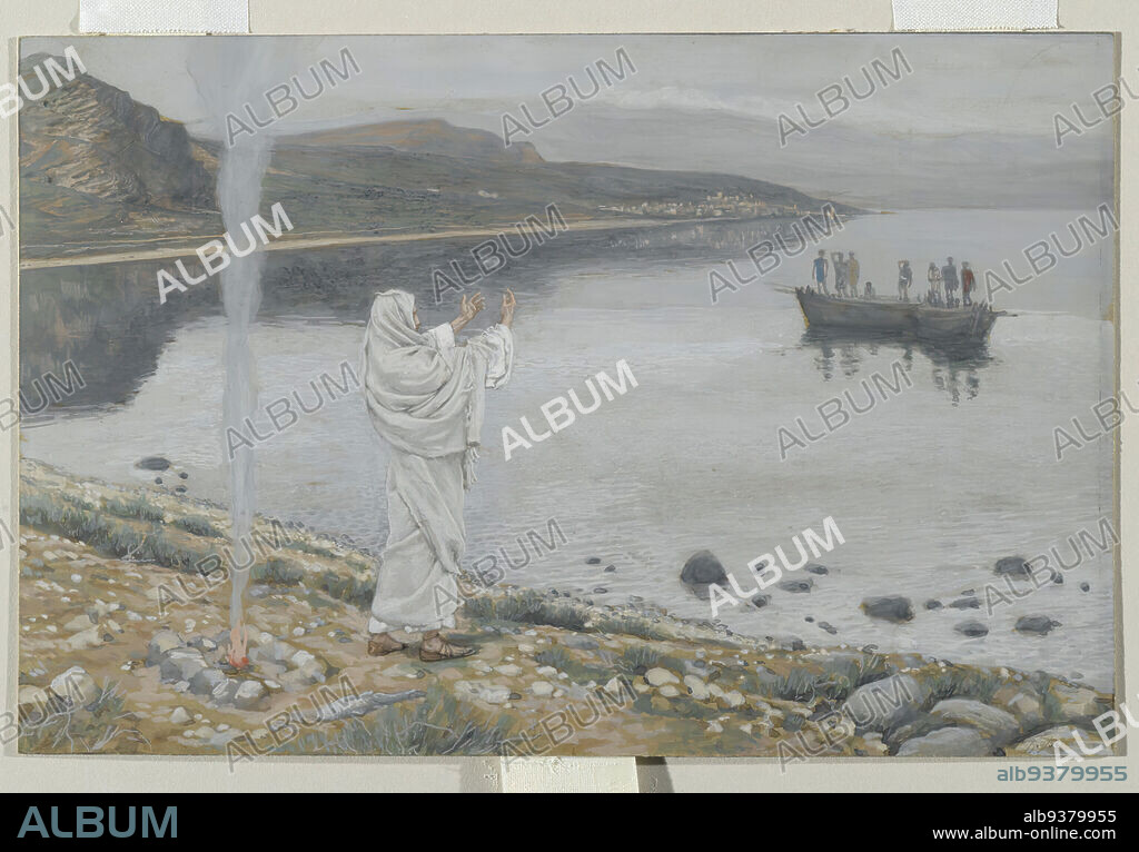 Christ Appears on the Shore of Lake Tiberias, Apparition du Christ sur les bords du lac de Tibériade, The Life of Our Lord Jesus Christ, La Vie de Notre-Seigneur Jésus-Christ, James Tissot, French, 1836-1902, Opaque watercolor over graphite on gray wove paper, France, 1886-1894, Image: 5 7/8 x 9 1/16 in., 14.9 x 23 cm, boat, Christ, Christianity, coastline, diciples, drawing, fire, graphite, holy, Jesus, Jesus Christ, John 21:4-6, lake, Mountains, muted, Painting, People, religion, religious, rocky, shore, shoreline, Shores, Smoke, Stones, Tiberias, Tiberias', Tissot, Water.