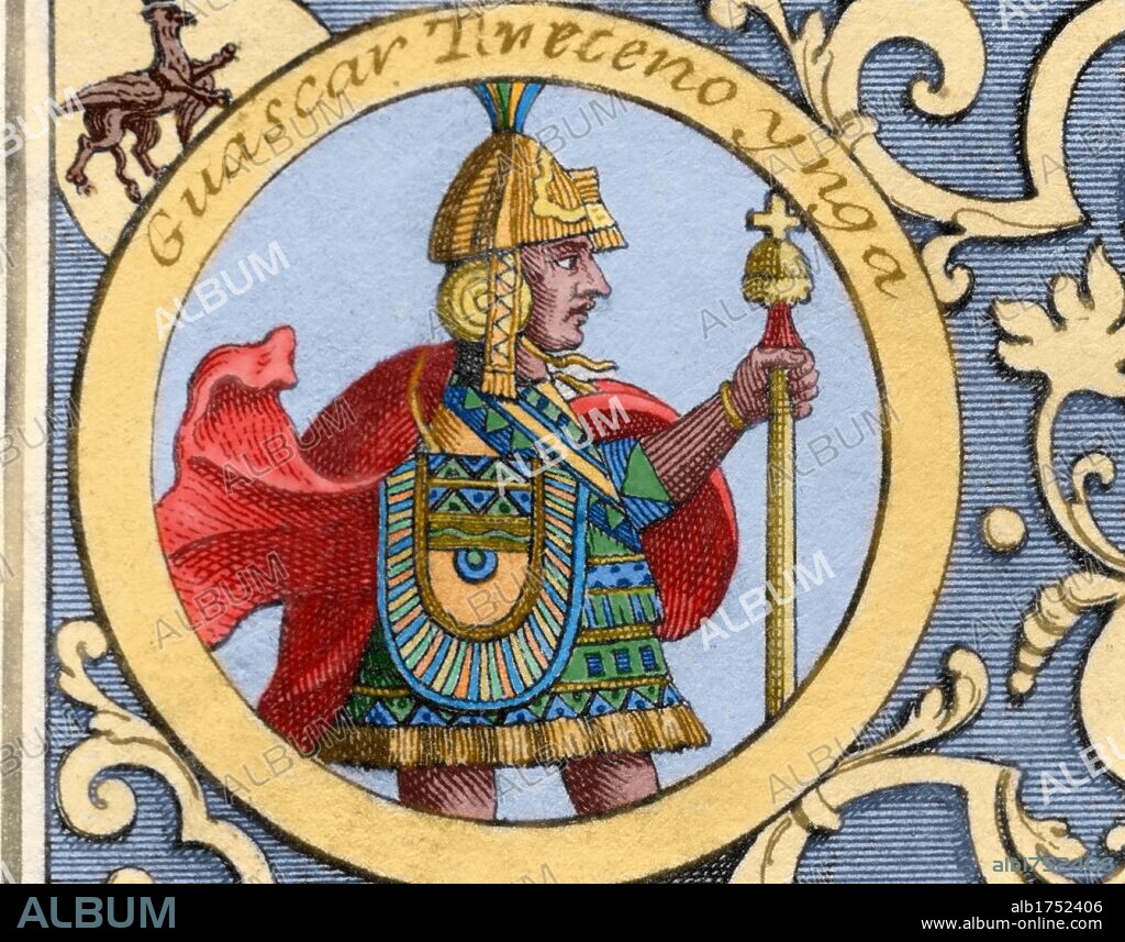Huascar Inca (h.1491-1532).  Sapa Inca of the Inca empire from 1527 to 1532. Son of Huayna Capac. Colored engraving. 1726.