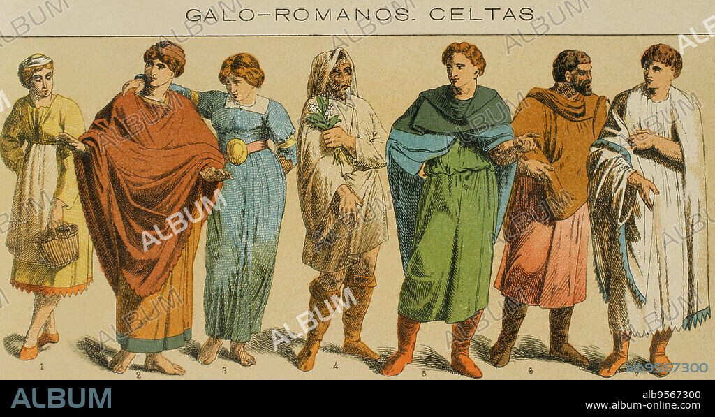 Ancient history. Roman period. Gallo-Romans. Romanized Celtic Gauls. Chromolithography. "Historia Universal", by César Cantú. Volume II, 1881.