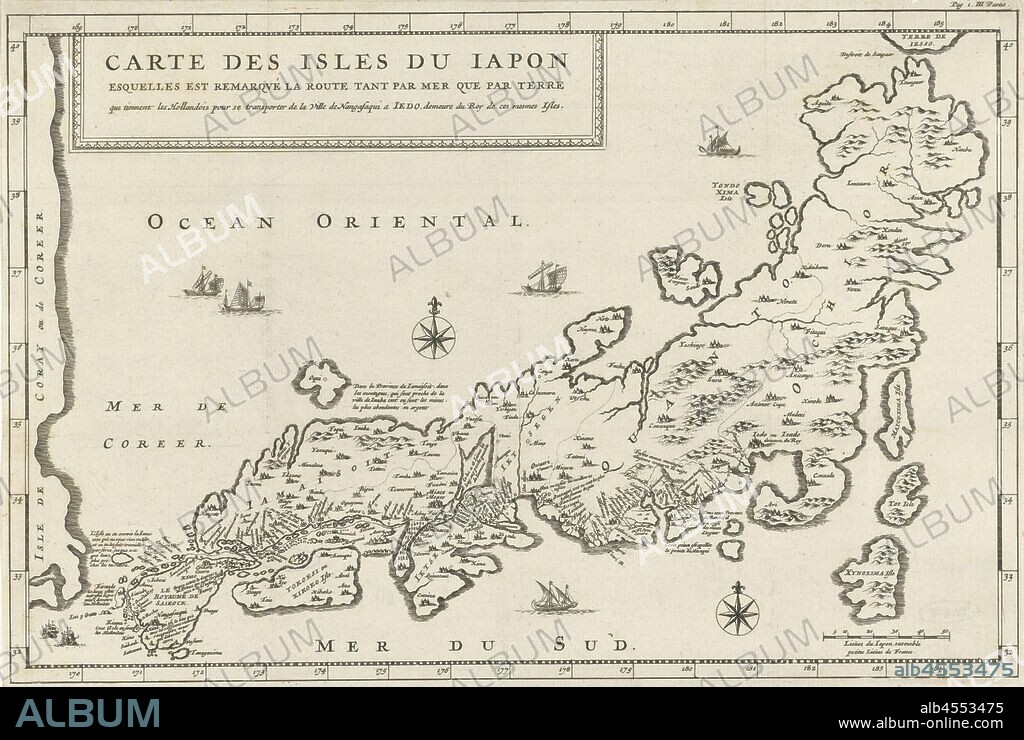 Map of Japan Carte des Isles du Japon (title on object), Print upper right marked: Pag. 1. Tom. III, maps of separate countries or regions, Japan, Jan Luyken, Amsterdam, 1681, paper, etching, h 220 mm × w 325 mm.