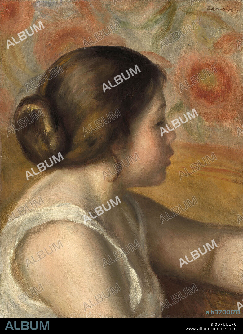 AUGUSTE RENOIR. Head of a Young Girl. Dated: c. 1890. Dimensions: overall: 42.6 x 33.3 cm (16 3/4 x 13 1/8 in.)  framed: 67.6 x 58.7 x 6.9 cm (26 5/8 x 23 1/8 x 2 11/16 in.). Medium: oil on canvas.