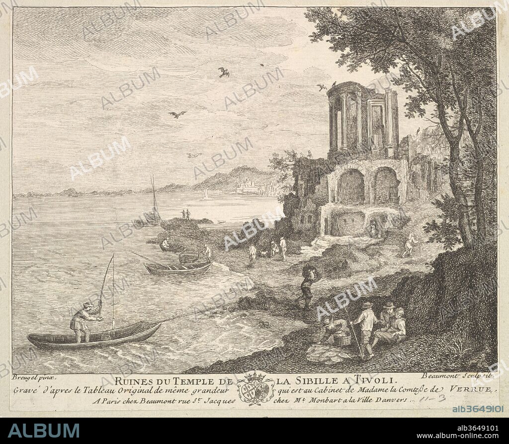 Ruins of the Temple of the Sybil in Tivoli (Ruines du Temple de la Sibille a Tivoli) after the painting in the collection of Madame la Comtesse de Verrue. Artist: After Jan Brueghel the Elder (Netherlandish, Brussels 1568-1625 Antwerp); Pierre François Beaumont (French, 1719 ?-after 1777). Dimensions: Sheet: 5 15/16 x 7 3/16 in. (15.1 x 18.2 cm). Publisher: Pierre François Beaumont (French, 1719 ?-after 1777); Monbart (Flemish, active Antwerp mid-18th century).