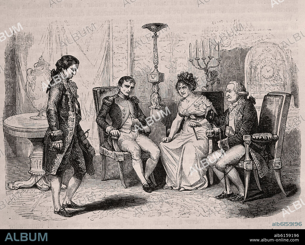 CARLOS IV MARIA LUISA Y FERNANDO VII REUNIDOS CON NAPOLEON EN BAYONA EN MAYO DE 1808.