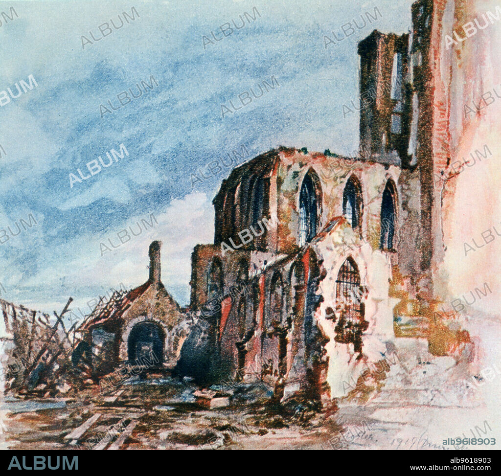 'Ruins of the Cloisters at Messines', 1914. Adolf Hitler often claimed to be a frustrated artist, and art was one of his major interests throughout his life. He produced many paintings, predominantly landscapes, postcard scenes and urban views, and there was a considerable market for his work during the Third Reich. This example of his work was reproduced in a coffee table book about Hitler published during the Third Reich, millions of copies of which were printed. By 1938 Hitler had decided to prohibit reproductions of his paintings.
