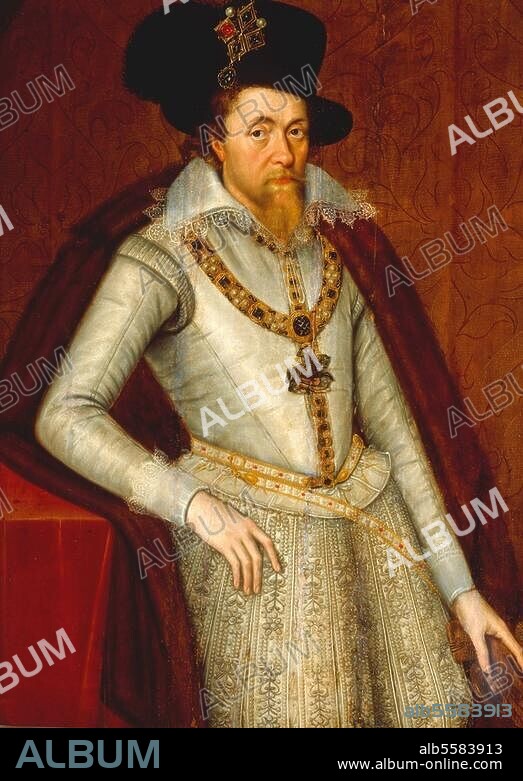 Jakob (James) I., König v. England u. (als J.VI.) König v. Schottland; Edinburgh. 19.6.1566 - Theobald's Park 27.3.1625. Porträt. Gemälde von John de Critz (um 1555-1641). Florenz, Palazzo Pitti, Galleria Palatina.
