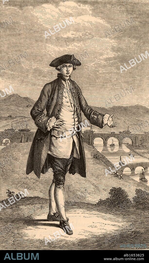 Francis Egerton, 3rd Duke of Bridgewater (1736-1803) English nobleman and mine owner who commissioned the building of the Bridgewater. The Duke as a young man. In the background is the Barton aqueduct carrying the canal over the River Irwell. Engraving from "Lives of the Engineers" by Samuel Smiles (London, 1862). (Photo by: Universal History Archive/UIG via Getty Images).