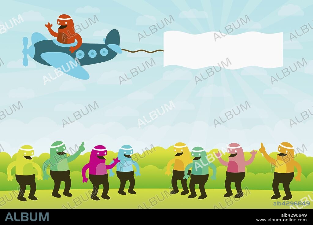 Airplane trailing banner flying over smiling creatures.