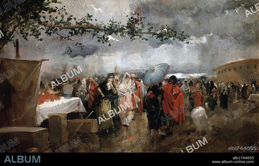 EUGENIO LUCAS VILLAAMIL. LUCAS VILLAAMIL , EUGENIO. PINTOR ESPAÑOL . MADRID 1858 - 1918. " AFUERAS DE LA ANTIGUA PLAZA DE TOROS DE MADRID ". MUSEO BELLAS ARTES . LA HABANA. TAUROMAQUIA MADRID PINTADO.