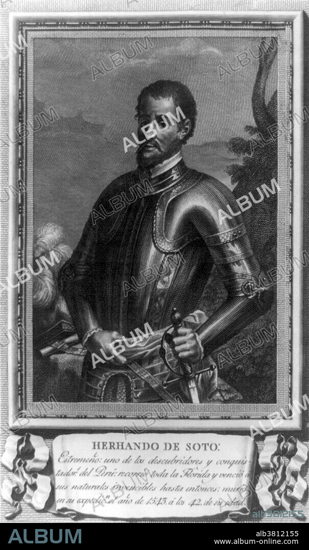 Hernando de Soto (1496/98 - May 21, 1542) was a Spanish explorer and conquistador. He explored and colonized Panama, Nicaragua, Honduras and Peru, where the expedition, led by Francisco Pizarro, conquered the Incan Empire. In 1536 de Soto returned to Spain a rich man due to the gold stolen from the Incas. In 1537 the King of Spain granted him the rights the conquer Florida. He led the first European expedition deep into the territory of the modern-day United States, thus becoming the first European documented to have crossed the Mississippi River. A vast undertaking, de Soto's North American expedition ranged throughout the southeastern United States searching for gold and a passage to China. De Soto died in 1542 on the banks of the Mississippi River in Arkansas or Louisiana. No artist credited.