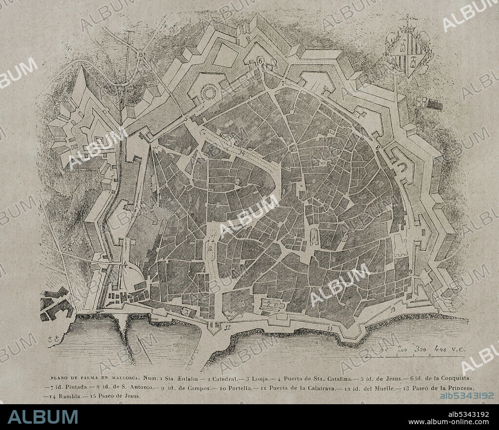 Spain, Balearic Islands, Majorca. Palma de Mallorca map. Las Glorias Nacionales, 1853.