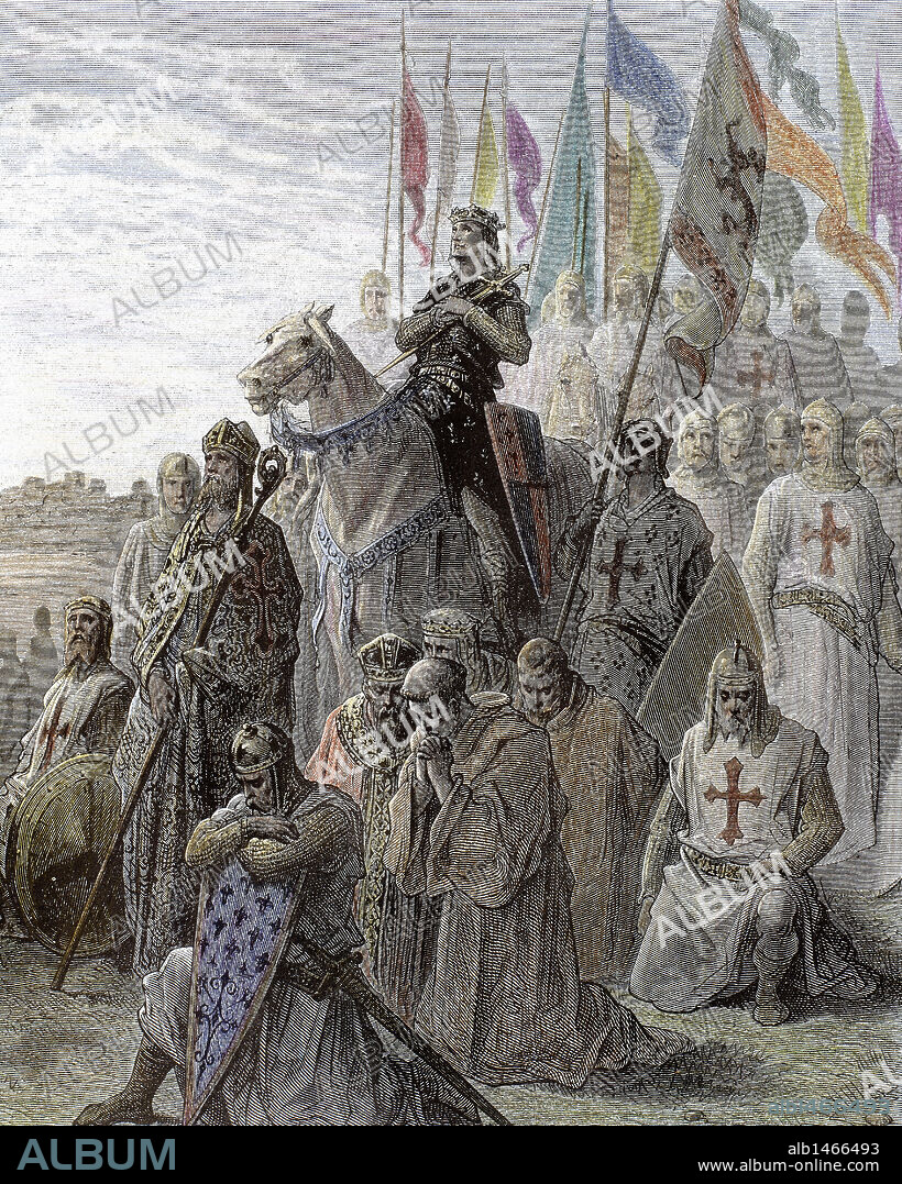 PAUL GUSTAVE DORÉ. Richard I of England , known as Richard the Lionheart (1157-1199). King of England (1189-1199). Crusader forces praying before going into battle. Gustave Dore engraving.