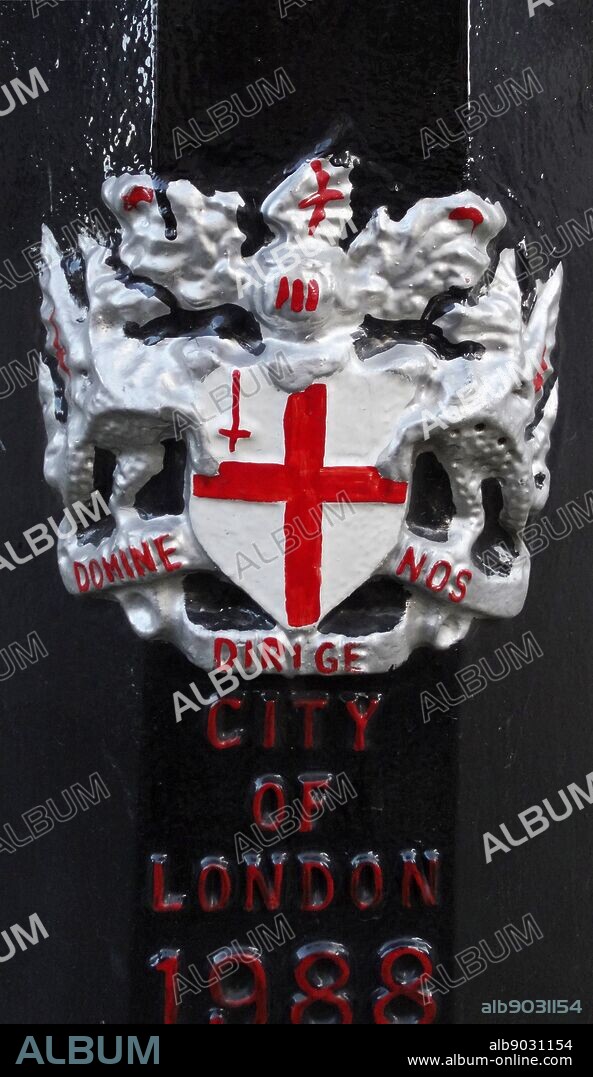The arms consist of a silver shield bearing a red cross with a red upright sword and a combination of the emblems of the patron saints of England and London: the Cross of St George with the symbol of the martyrdom of Saint Paul. Dated 14th Century.