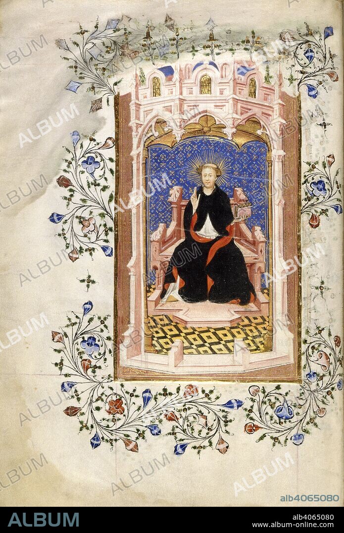 MASTER OF THE BEAUFORT SAINTS. St John of Bridlington. Beaufort Hours. England [London?]; circa 1410. [Whole folio] St John of Bridlington, enthroned, holding a book in his left hand, with his right hand raised in blessing. Border decoration of floral sprays  Image taken from Beaufort Hours.  Originally published/produced in England [London?]; circa 1410. . Source: Royal 2 A. XVIII, f.7v. Language: Latin.