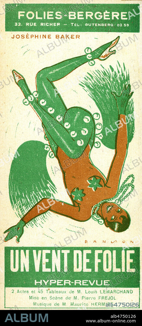 Carte programme pour les Folies-Bergere et la revue UN Vent de Folie avec Josephine BAKER. Illustration Ranson, 1927, annees 20. Collection IM/KHARBINE TAPABOR.