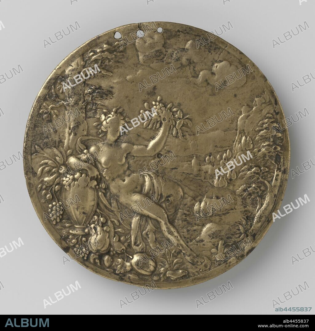 Earth (Terra), Earth. Round bronze plaque, surrounded by a flat border. The naked, female figure is seated on the left, the head is wreathed, and a bunch of flowers in her left hand raised, her right arm is supported by a vase of fruits, behind her a tree trunk. A river landscape in the background with trees and mountains ahead., anonymous, Northern Netherlands, c. 1600, bronze (metal), d 8.5 cm × w 64 gr.