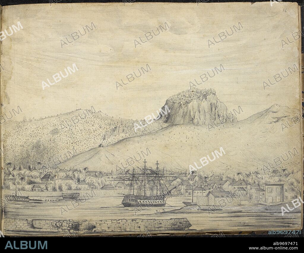 Mauritius . View of Port Louis Isle of France taken from on board the ship Timandra . November 1824 the Government House and Custom House Quay .,Pencil ; pen-and-ink.. Title of Work Sketch book of 33 views, mainly Mauritius and Ceylon.. Author Artist/creator "Ainslie, Henry Francis ( Henry Francis Ainslie )". Place and date of production November 1824.