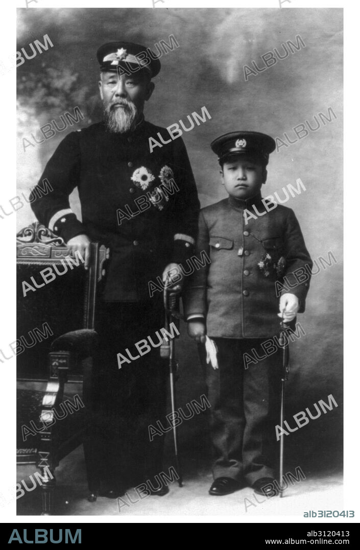 Photograph of Prince Ito Hirobumi of Japan (1841-1909) samurai of Choshu Domain, Japanese statesman, four time Prime Minister of Japan, genro and Resident-General of Korea and Crown Prince Yi Un of Korea (1897-1970) 28th Head of the Korean Imperial House, an Imperial Japanese Army general and the last crown prince of Korea. Dated 1907.