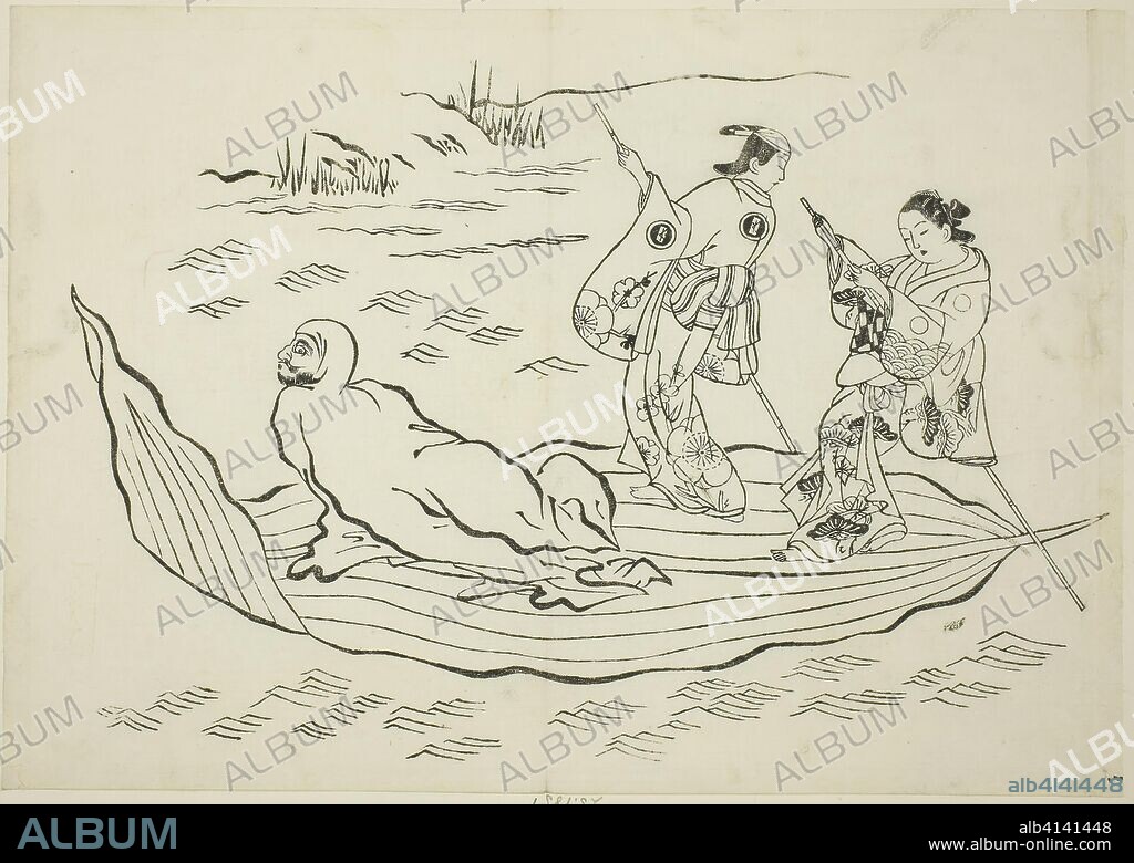 Daruma crossing the sea on a leaf, no. 7 from a series of 12 prints. Okumura Masanobu; Japanese, 1686-1764. Date: 1703-1713. Dimensions: 26.7 x 38.1 cm. Woodblock print; oban, sumizuri-e. Origin: Japan.