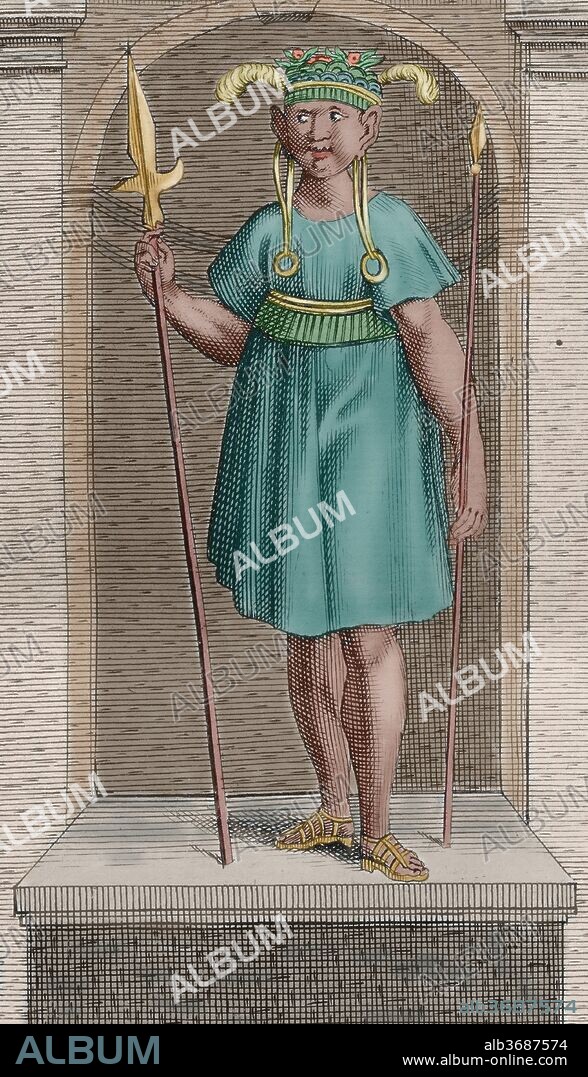 Inca Prince. Engraving, later colouration. French edition of the Histoires des Yncas, Rois du Peru. This project began since 1586 by Gomez Suarez de Figueroa (1539-1616), so-called The Inca Garcilaso. He was a Peruvian historian and writter. Later colouration.
