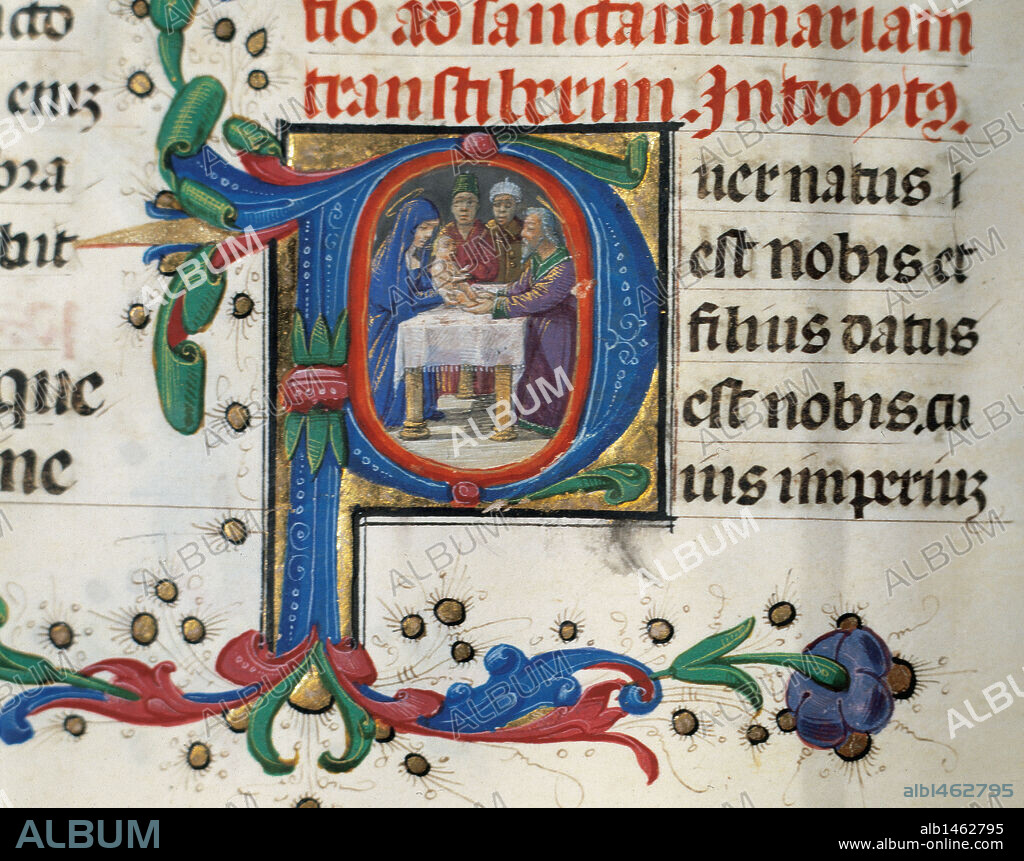 CODICE Nº 98. S. XIV. "MISSALE ROMANUN". Obra de Petri a Didaco Roderia Pedro Ferris (1415-16), Obispo de Tarazona y Cardenal en 1464, lugar que ocupó hasta su muerte. "PRESENTACION DE JESUS EN EL TEMPLO". Miniatura de la letra capitular del folio 25 rv. Archivo Capitular de Tarazona. Provincia de Zaragoza. Aragón. España.