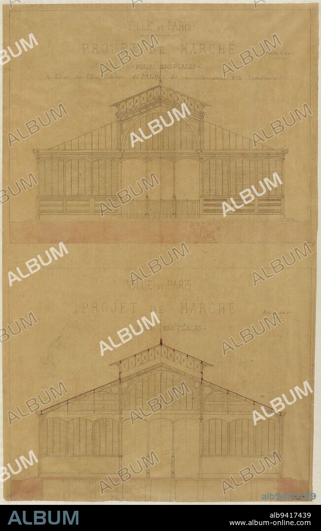 Project of Market for 250 places to be raised on the site of the Abattoir of Valenciennes XIX District, Janvier, Louis Adolphe, Draughtsman, About 18651869, Drawing, Graphic arts, Drawing, Height: 57.1 cm, Width: 36.5 cm.