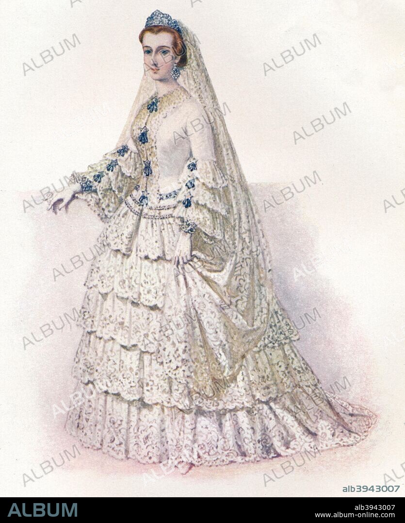 The Empress Eugenie in her bridal dress, 1853. Eugénie de Montijo (1826-1920) was the last Empress consort of the French from 1853 to 1871 as the wife of Napoleon III. Drawn from life on the occasion of her marriage. From The Connoisseur Vol. IV [Otto Limited, London, 1902.].